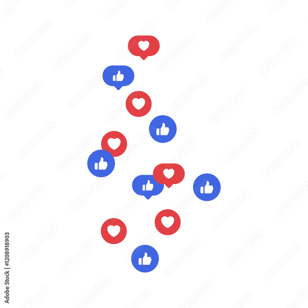 Like and love icon button, social media reaction icons background, hearts and thumbs up symbols in red and blue speech bubble icon. engagement, feedback, interactive elements