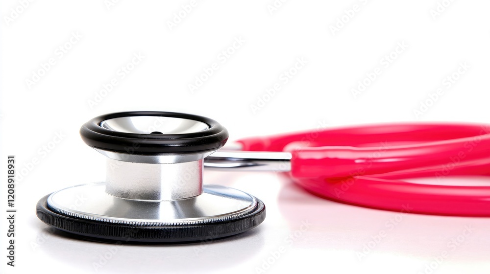 Close-up of a silver stethoscope with a pink tube on a pristine white surface. Close-up of a silver stethoscope with a pink tube on a pristine white surface.
