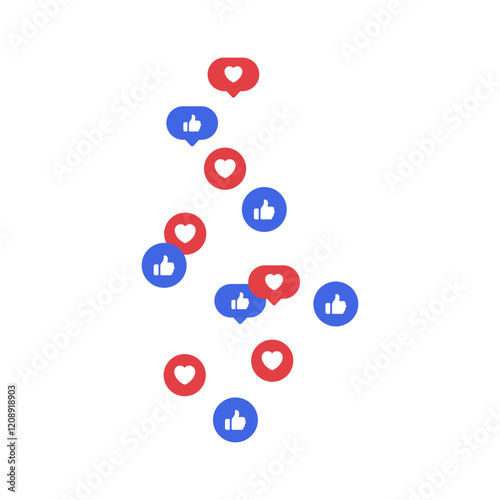 Like and love icon button, social media reaction icons background, hearts and thumbs up symbols in red and blue speech bubble icon. engagement, feedback, interactive elements