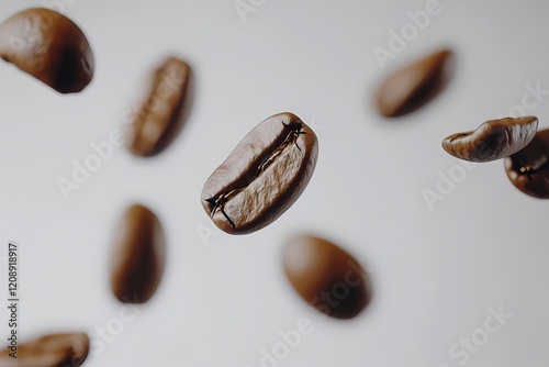 Roasted Coffee Beans Falling Against White Background photo