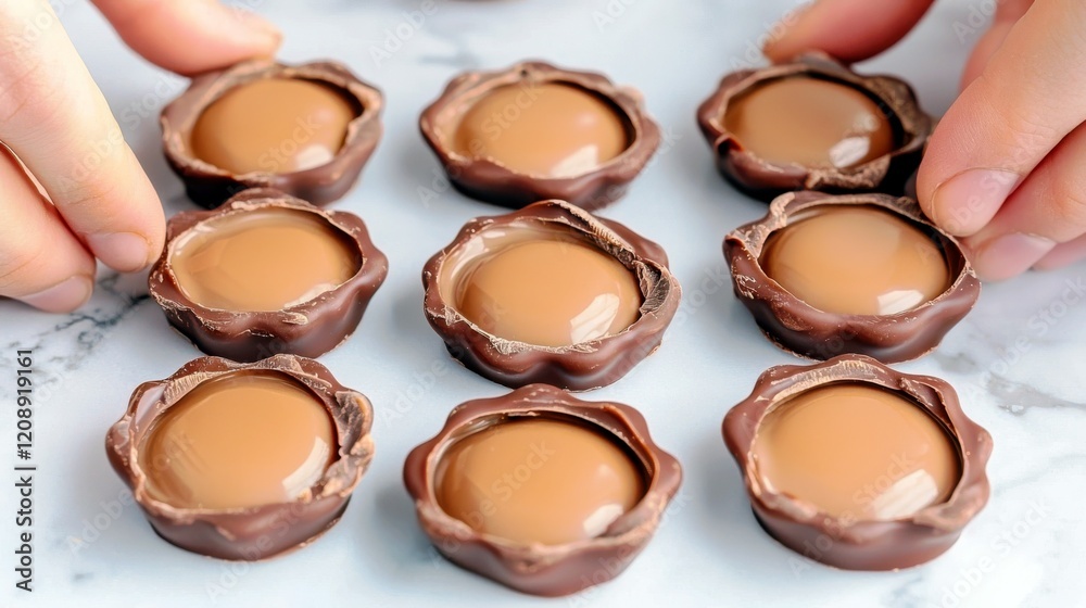 Hands Holding Chocolate Confections on a Marble Surface with Smooth Caramel Centers - Tempting Treats for Sweet Lovers and Dessert Enthusiasts Hands Holding Chocolate Confections on a Marble Surface with Smooth Caramel Centers - Tempting Treats for Sweet Lovers and Dessert Enthusiasts