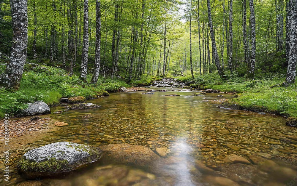 Obraz premium Calm stream flowing through lush green forest.