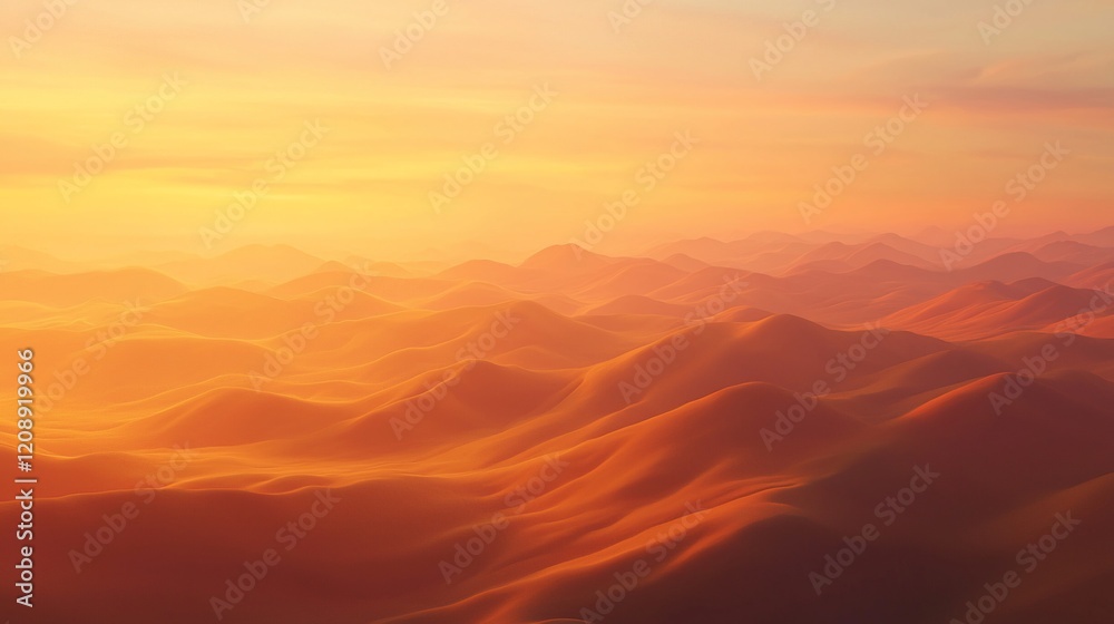 Fototapeta premium Golden sunset over rolling hills, hazy atmospheric perspective.
