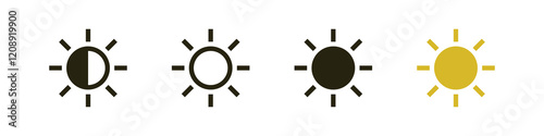 sun icon set. sunlight, brightness icons. bright yellow sun vector icon. night mode icon symbol for user interfaces