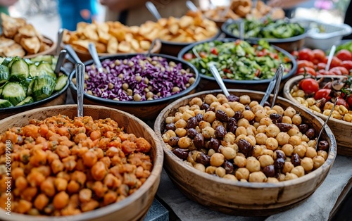 Colorful bowls of various salads and roasted vegetables at a market. photo