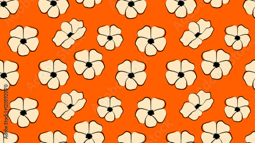 Vector illustration of floral seamless pattern, cream colored flowers on bright orange background for design, background, fabric, print, wallpaper, decoration, product.pattern24.1