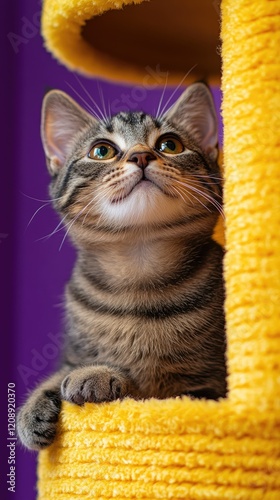 Curious kitten observing from yellow cat tree on purple background