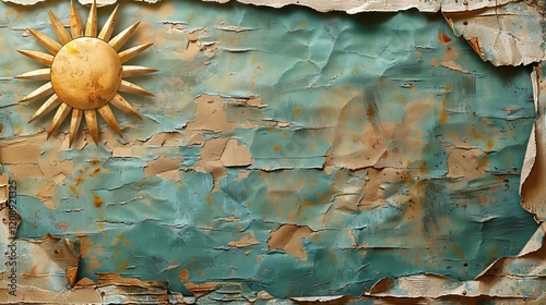 textured and worn wall featuring a sun emblem on the upper left side,