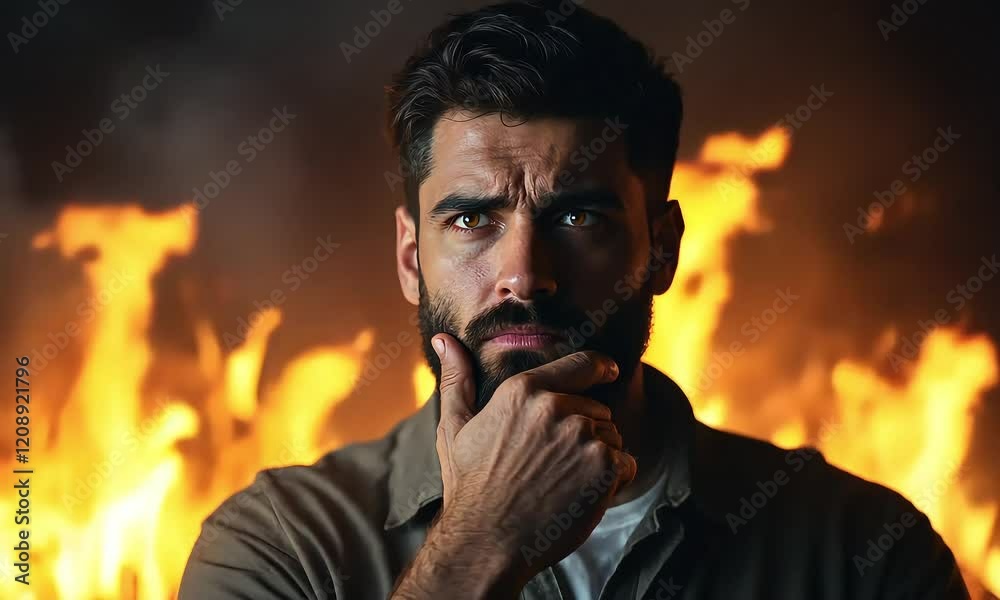 A Pensive Man Contemplates Amidst Fiery Flames