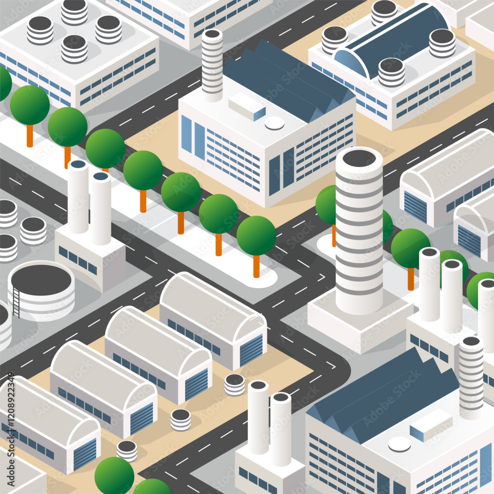 Manufacture isometric scene with building, factory and warehouse Manufacture isometric scene with building, factory and warehouse