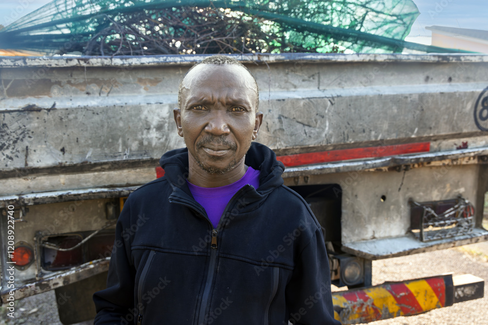 African man operating a garbage truck for waste collection, standing near recycling materials, rural outdoor setting, poverty and low wages in Africa, wearing reflective workwear African man operating a garbage truck for waste collection, standing near recycling materials, rural outdoor setting, poverty and low wages in Africa, wearing reflective workwear