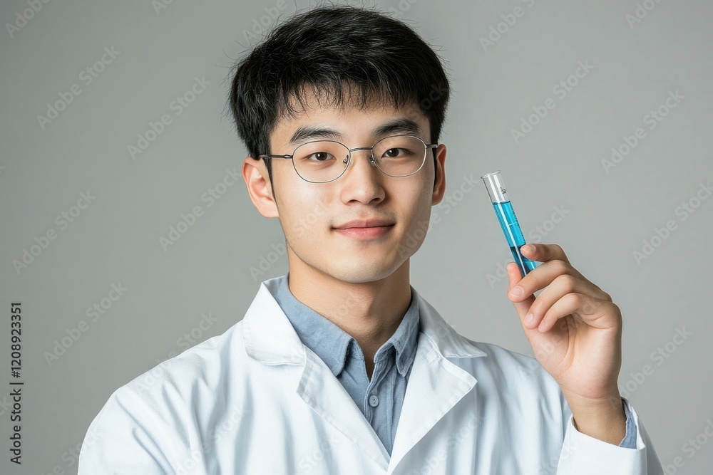 Asian scientist holding test tube, lab coat, grey background, research. Asian scientist holding test tube, lab coat, grey background, research.