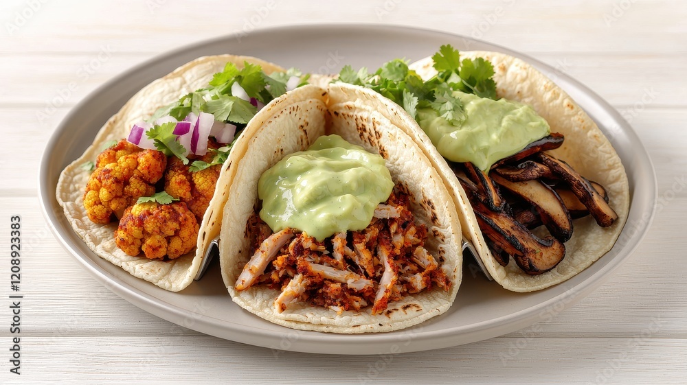 A delicious plate of three tacos filled with various ingredients, topped with green sauce and garnished with fresh herbs. A delicious plate of three tacos filled with various ingredients, topped with green sauce and garnished with fresh herbs.