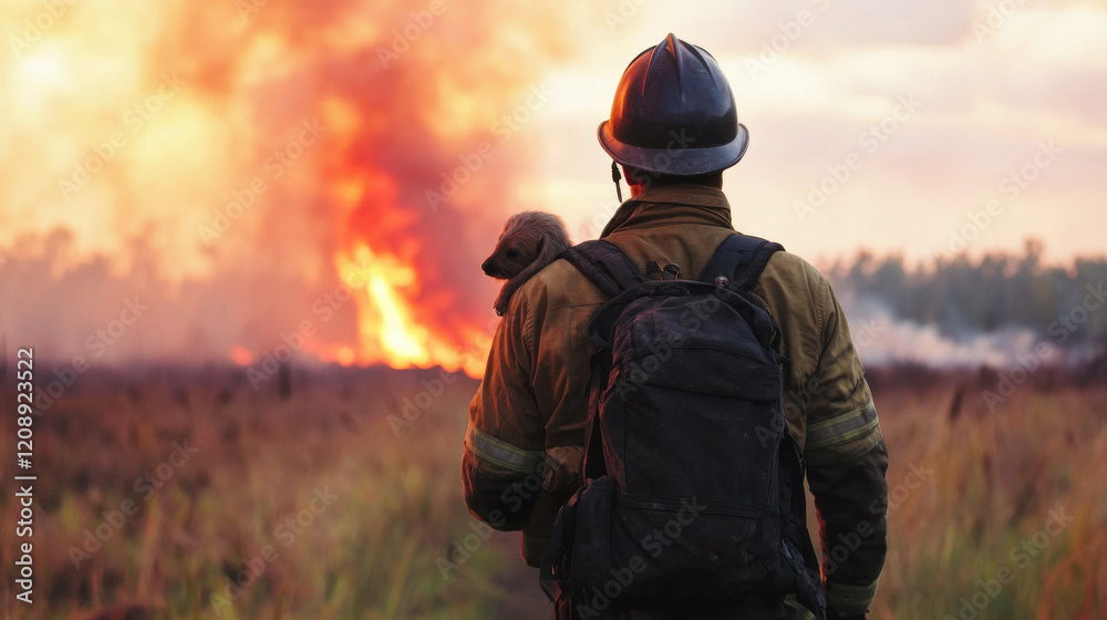 A firefighter stands in front of a raging wildfire, ready to combat the flames and protect the surrounding area. A firefighter stands in front of a raging wildfire, ready to combat the flames and protect the surrounding area.