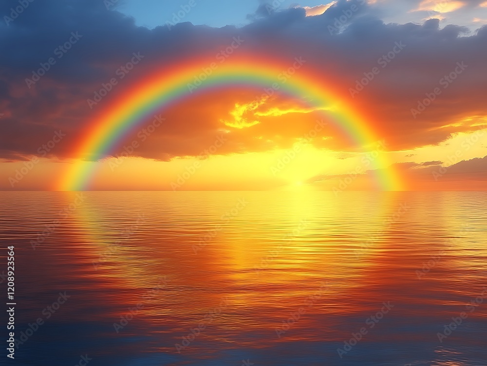 Vibrant rainbow arching over a calm ocean sunset. Vibrant rainbow arching over a calm ocean sunset.