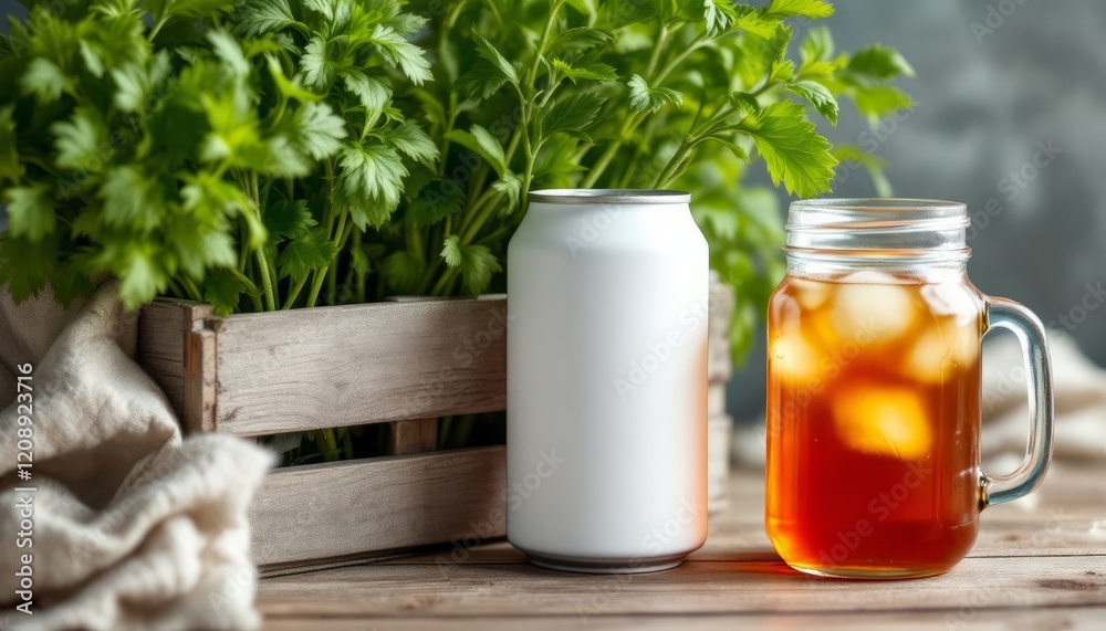 Refreshing Iced Tea Mockup: A refreshing summer beverage, a glass of iced tea with ice cubes in a mason jar, a can of iced tea, and a wooden crate of green plants, perfect for showcasing your product. Refreshing Iced Tea Mockup: A refreshing summer beverage, a glass of iced tea with ice cubes in a mason jar, a can of iced tea, and a wooden crate of green plants, perfect for showcasing your product.