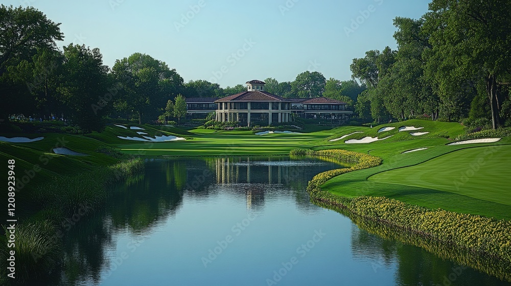 Scenic View of a Luxurious Golf Course with a Serene Water Body and Lush Green Landscape Surrounded by Trees and Clear Blue Sky Scenic View of a Luxurious Golf Course with a Serene Water Body and Lush Green Landscape Surrounded by Trees and Clear Blue Sky