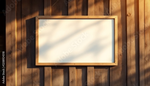 Rustic Canvas Mockup: A blank canvas in a simple wooden frame hangs against a rustic wooden wall, bathed in warm afternoon sunlight, creating a perfect backdrop for your design or message. photo