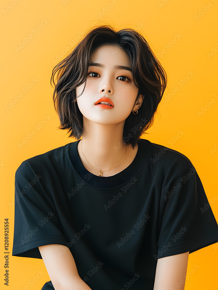 The teenager wear an oversized t-shirt and smiled casually. Take dynamic vertical photos.