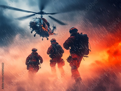 A group of brave first responders in action, facing challenging conditions as a helicopter hovers above them amidst a dramatic sky.