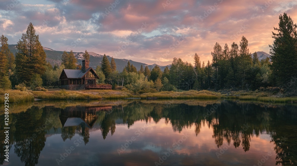 Serene Lakeside Cabin at Sunset Serene Lakeside Cabin at Sunset