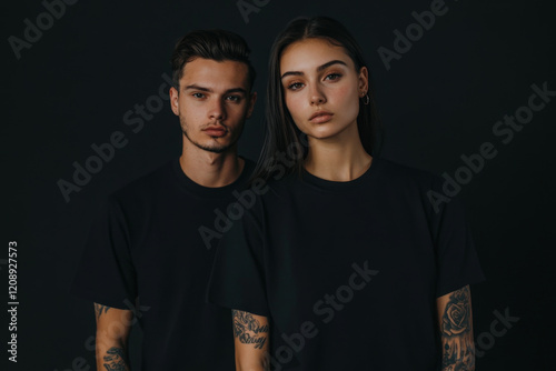 Models minimal tattoo T shirt. no text. black mockups.