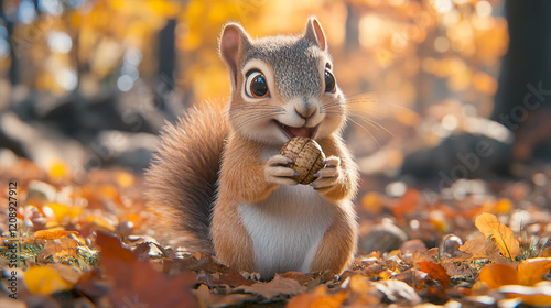 A happy squirrel holding an acorn. Suitable for marketing or business purposes. Panoramic banner with place for text photo