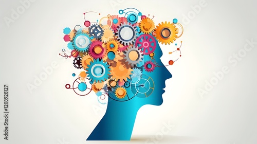 Abstract brain concept with gears and creative idea icons, flat vector design
