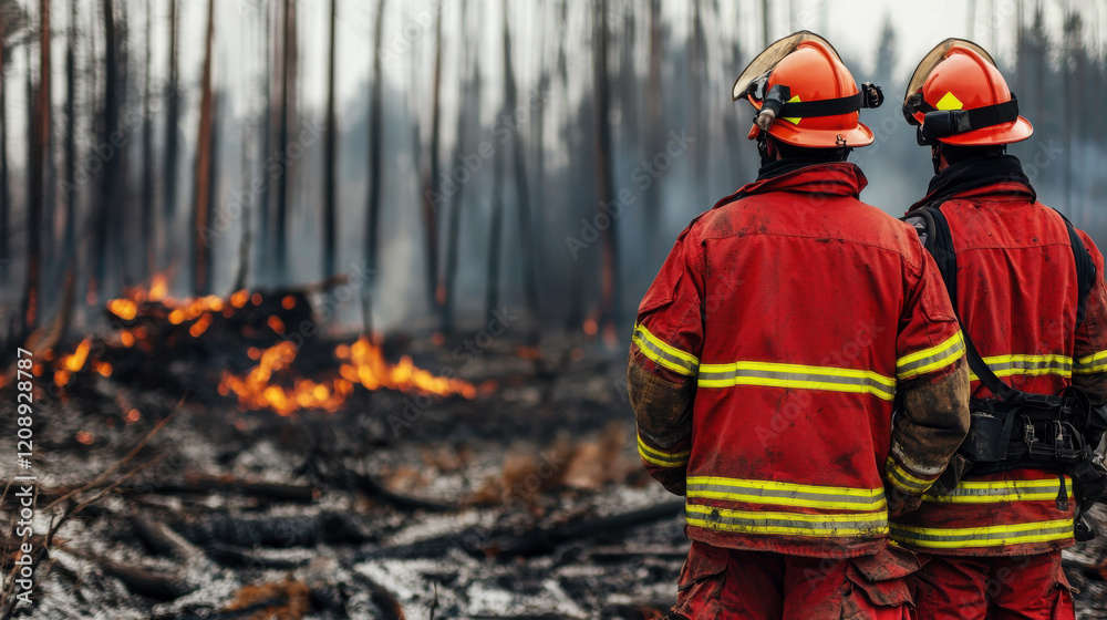 Fototapeta premium Two firefighters observe a wildfire, wearing protective gear and standing amidst burnt trees and smoke.