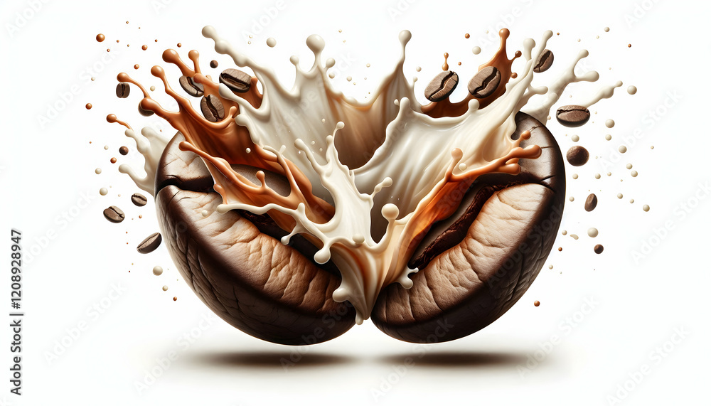 Coffee Two large coffee beans positioned side by side with a dynamic splash of milk and coffee bursting out2 Coffee Two large coffee beans positioned side by side with a dynamic splash of milk and coffee bursting out2