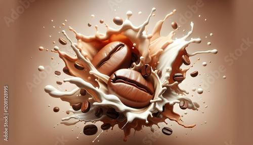 Coffee Two large coffee beans with a burst of milk and coffee splashing outward creating a dynamic energeti1