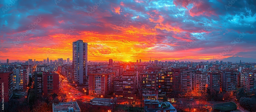 Fototapeta premium Fiery Sunset Over City Skyline Buildings Glowing