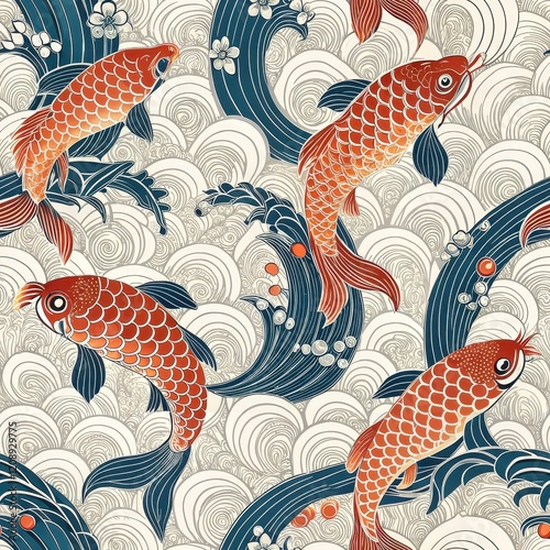 Elegant Koi Fish Seamless Pattern Asian Aquatic Life Japanese Wave Design Red Orange Fish Teal Blue