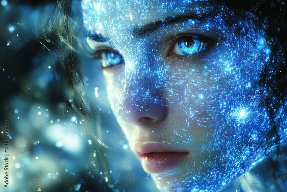 Ethereal woman with glowing digital patterns on her face Ethereal woman with glowing digital patterns on her face