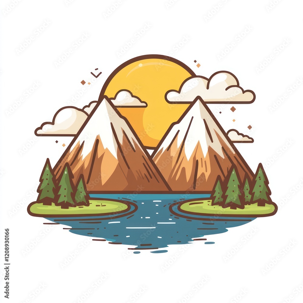 Majestic Mountains Lake Sunset Scenic Landscape Illustration
