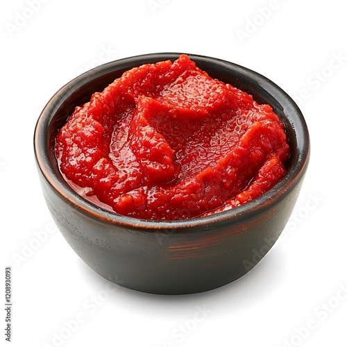 Bowl of tasty tomato paste on white background