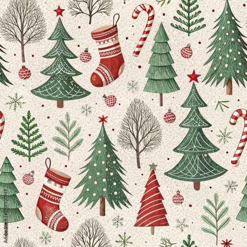 Festive Christmas Seamless Pattern Trees Candy Canes Stockings and Ornaments