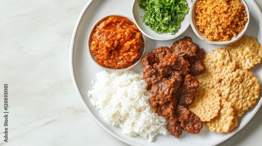 Delicious Indonesian Rendang Beef with Rice, Crackers, and Condiments Delicious Indonesian Rendang Beef with Rice, Crackers, and Condiments