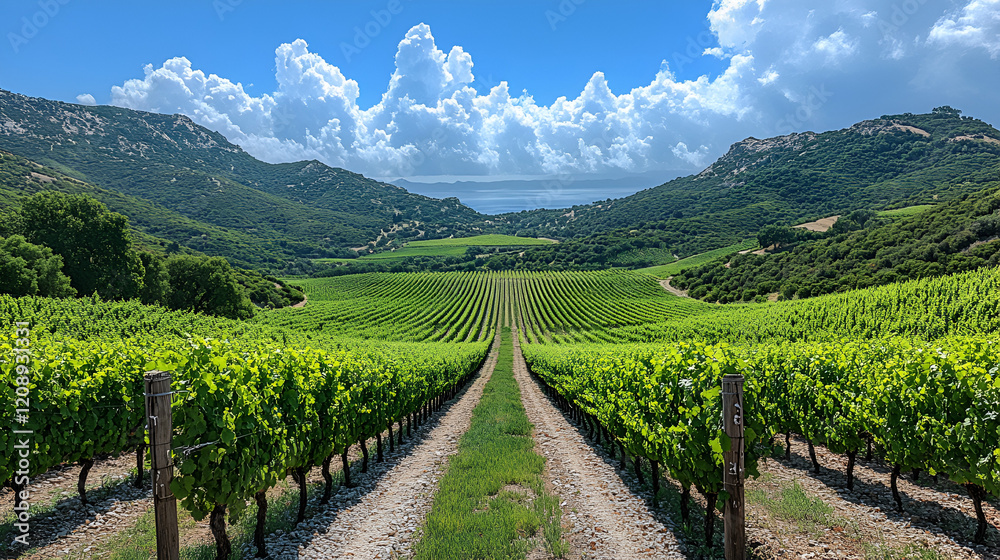 Fototapeta premium a scenic vineyard with yolks of grapevines under a blue sky ai 
