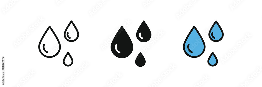 water drop icons in outline, solid and filled styles water drop icons in outline, solid and filled styles