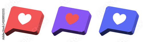 3D heart speech bubble icons set, Like and love icon red speech bubble symbol in vibrant red, purple, and blue colors, for social media, feedback, messaging interfaces. Vector illustration