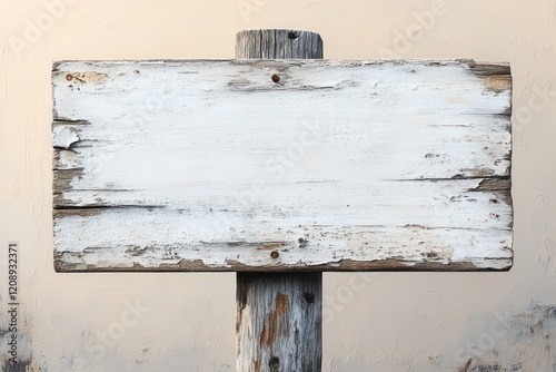 Weathered wooden signpost against soft blurred background photo