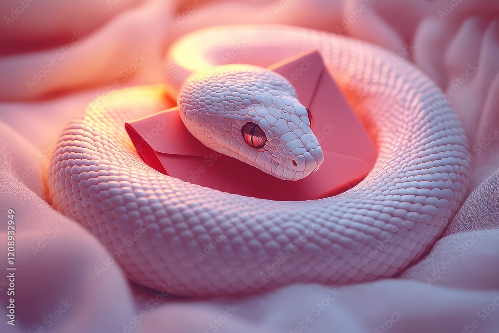 Fototapeta premium A serene white snake resting on soft fabric with a pink envelope.