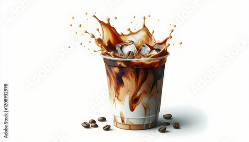Coffee A close-up of a plastic cup filled with iced coffee marbled with milk and coffee ice cubes on top wi3