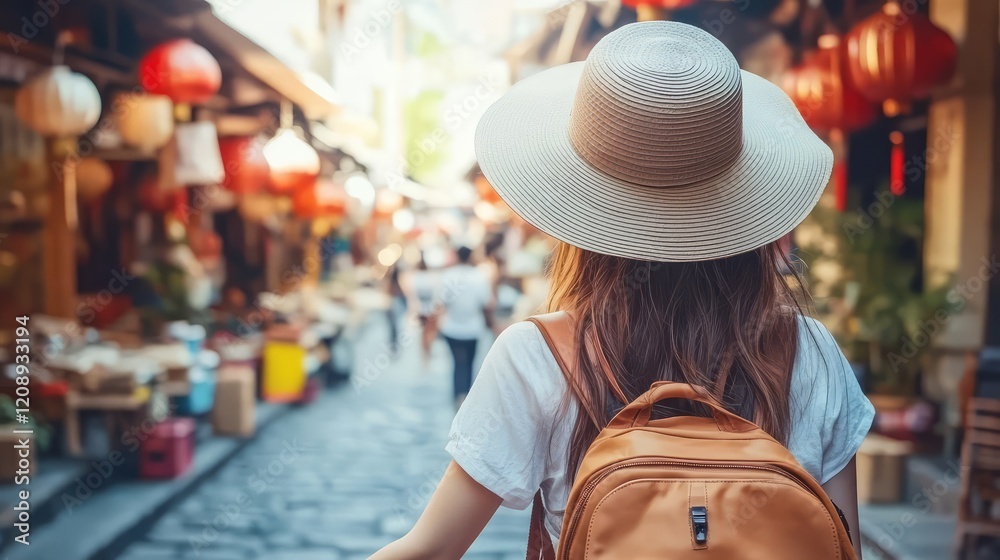 Obraz premium A traveler enjoys a vibrant market scene, hat and backpack complementing the adventure.