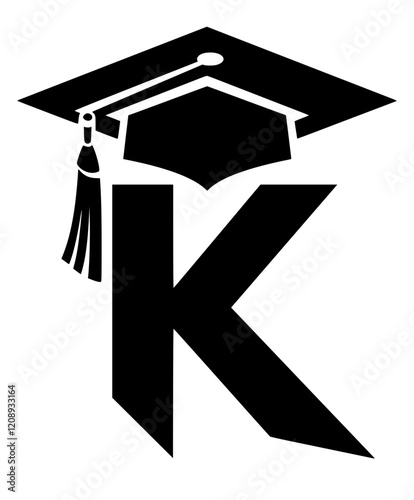 Graduation Cap on Letter K Symbol, Black and white illustration of the letter K with a graduation cap, symbolizing education, knowledge, and academic achievement.  
  
