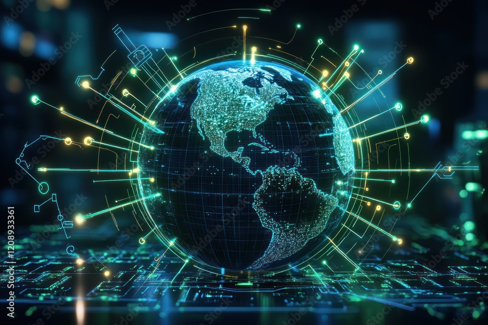 Fototapeta premium Digital globe with glowing data connections and lights