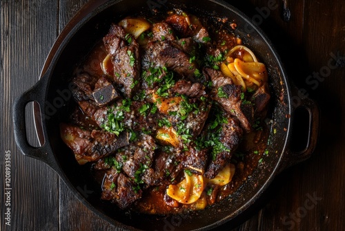 Braised short ribs and tortellini in rich tomato sauce, served in a cast iron skillet.