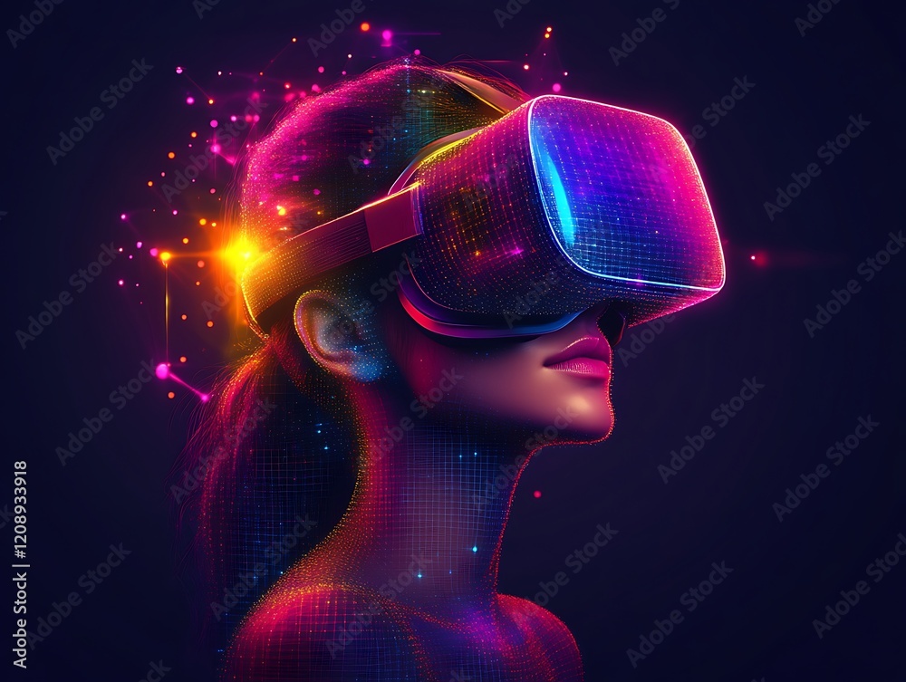 Woman in VR headset, vibrant digital art. Woman in VR headset, vibrant digital art.