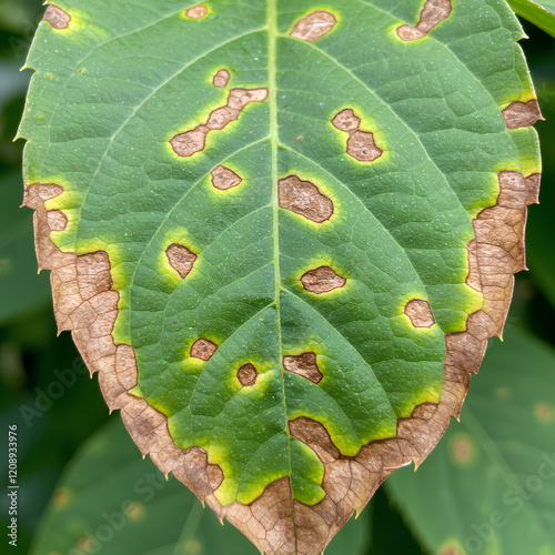 A green leaf with brown spots and yellow edges, showing signs of disease or fungal infection. photo